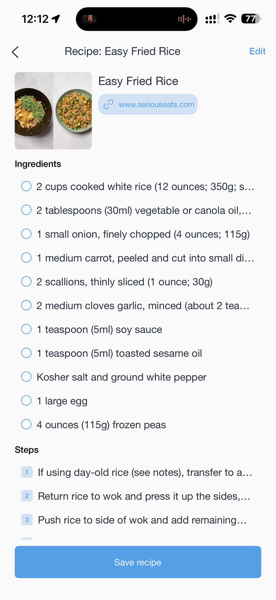 Shareday recipe detail screen on iPhone showing ingredients and steps.