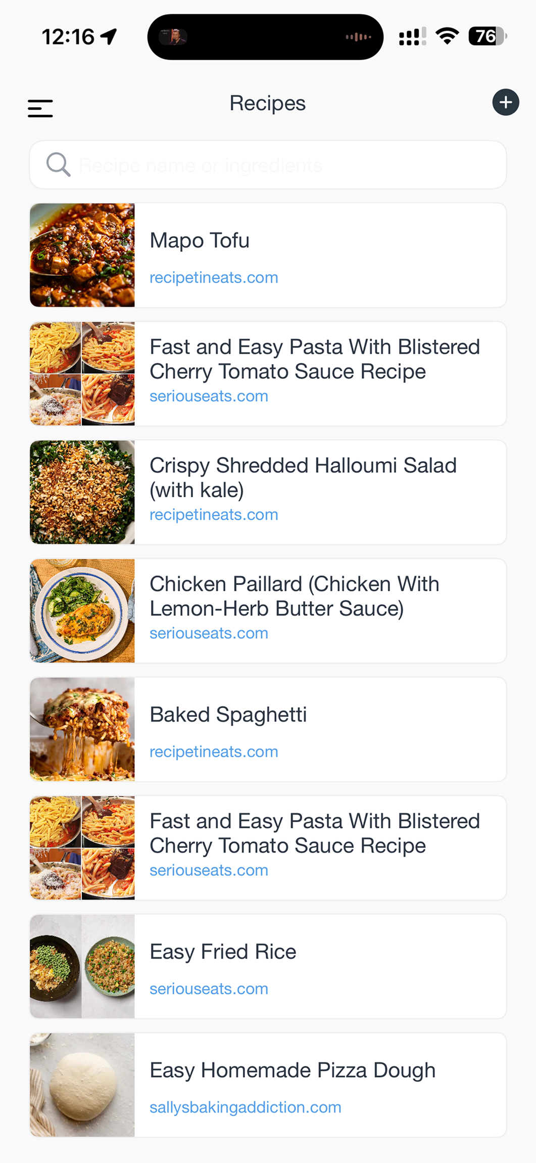 Shareday Recipes list on iPhone showing saved recipe cards.
