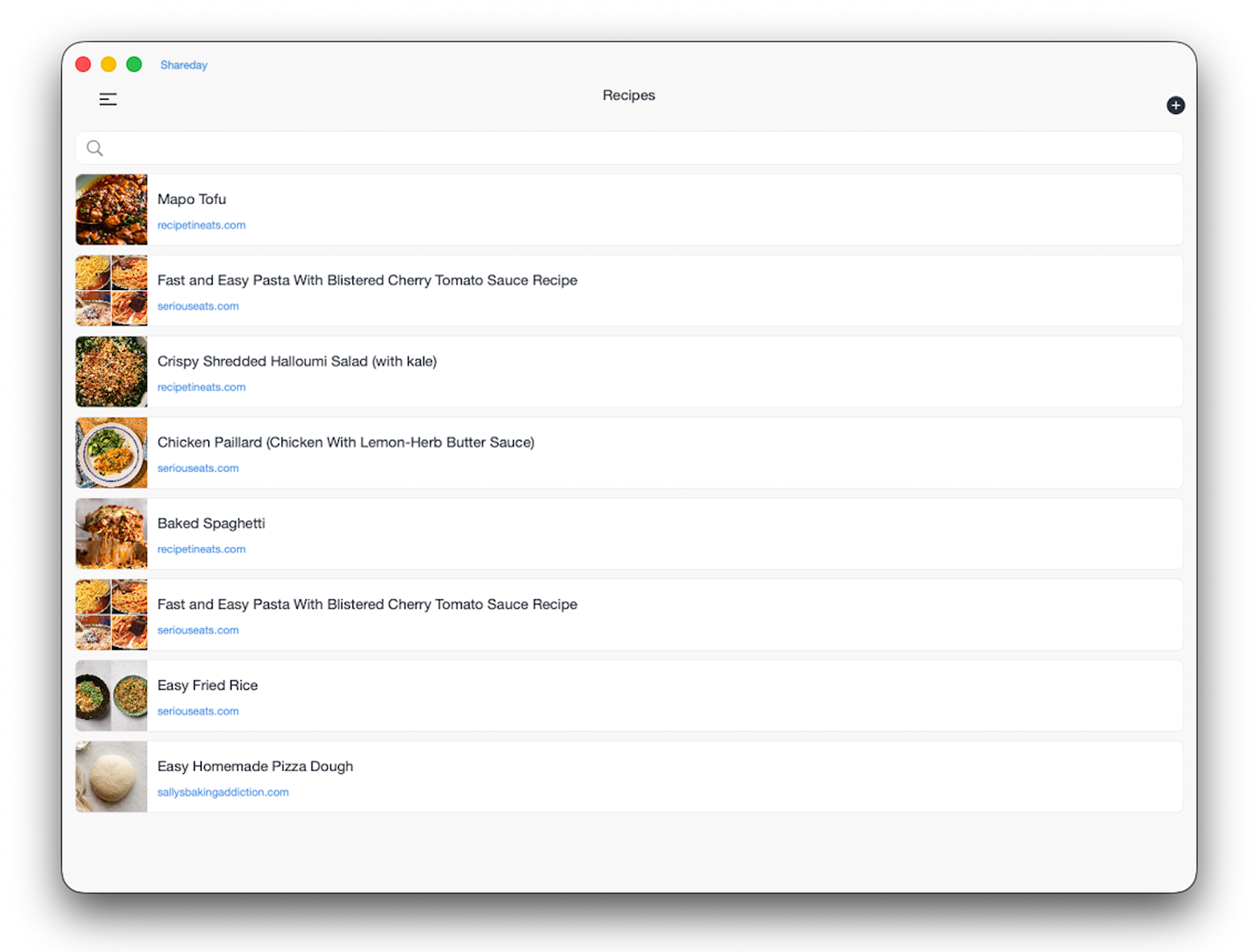 Shareday Recipes list on desktop.